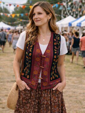 Vintage Lizwear Embroidered Floral Vest - Artisan Boho Statement Piece